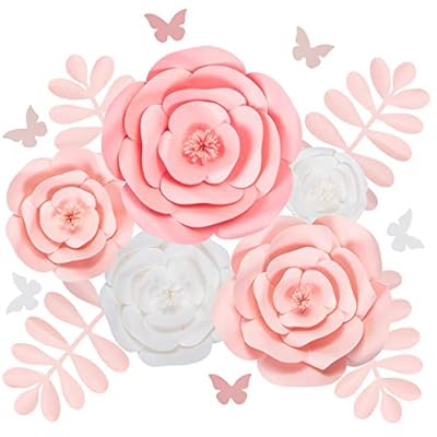 Rainbows & Lilies Large 3D Paper Flowers Decorations for Wall, Wedding, Bridal Shower, Baby Shower, Nursery Decor, Centerpieces, Flower Backdrop, Party, 15-Pieces, Handmade & Assembled (Pink, White)