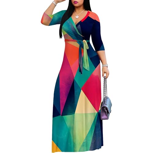 Image of PinkPatty Women's Plus Size Maxi Dresses Casual Flowy 3 /4 Sleeves Dress Printed Vacation Dress for Daily Wear with Belt