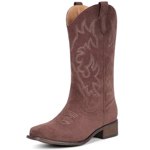 Image of IUV Cowboy Boots For Women Square Toe Wide Mid Calf Western Pull On Suede Fashion Black Brown Cowgirl Boots