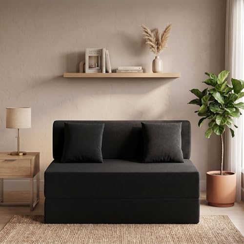 Image of Foldable Two Seater Sofa Bed 4 X 6 Ft Jute Fabric Washable Cover Sofa Cum Bed with Cushions Convertible Sofa Bed for Home, Office (Black Color - Pre-Assembled)