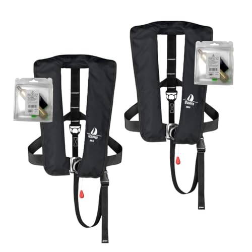 12skipper 2er-Set Automatik Rettungsweste ISO 300N mit Harness, Schwimmweste schwarz + 2 Wartungskits