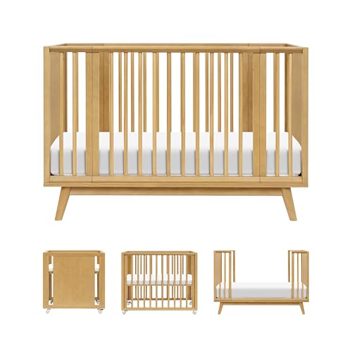 Image of Babyletto Palma 8-in-1 Convertible All-Stages Bassinet to Full-Size Crib Honey, Greenguard Gold & FSC Certified, Portable & Adjustable with Select Conversion kit and Pads Included