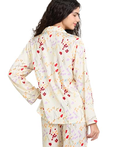 Image of YiNi LuLu Womens Silk Satin Pajamas Set Button Down 2 Piece Pjs Long Sleeve Oversized Sleepwear with Pockets