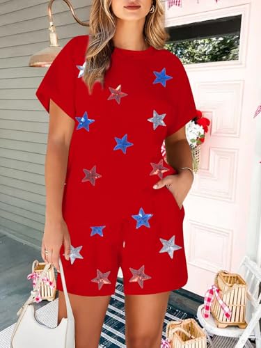 Image of VILOVE 4th of July 2 Piece Sequin Outfits Women 250 Anniversary Usa Shirts and Short Sets Casual Patriotic Shirt Summer Set