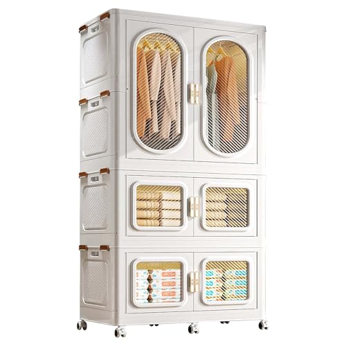 Roupeiros para Quarto Portátil con Puertas Armarios Dormitorio Plegable con Ruedas Giratorias 360° Paneles de PP Grueso Armario Dormitorio Apilable para Ropa y Ropa de Cama(105 * 54 * 206.3cm)