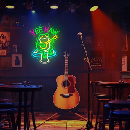 Image of Yee Haw Frog Neon Sign Guitar LED Light 13x16 Inch Cartoon Cowboy Frog Neon Signs for Bar Pub Man Cave Bedroom Game Room Wall Decor Music Fans Gift