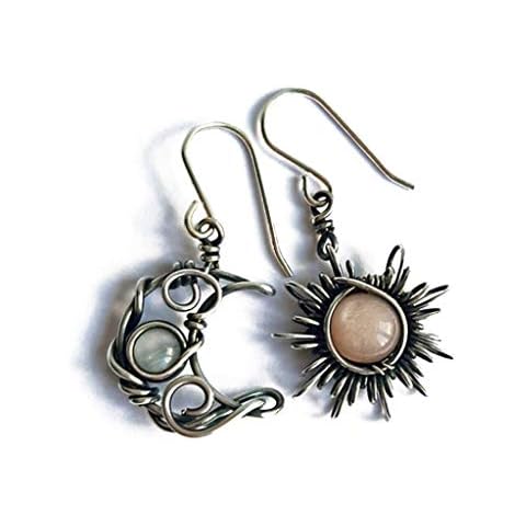 Antiqued Silver Sun and Moon Hook Earrings Bohemia Celestial Moonstone Earrings Cover