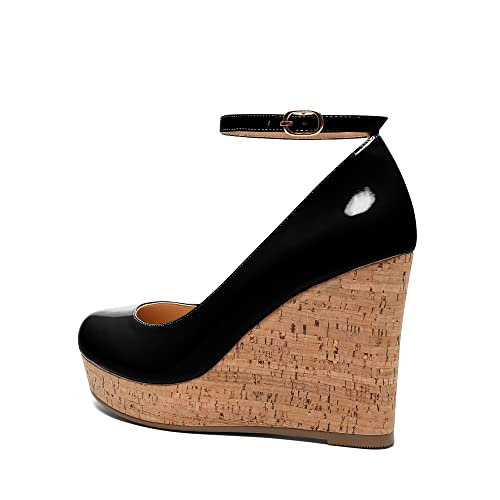 YODEKS Women's Closed Toe Wedge High Heels Ankle Strap Pumps Comfort Cork Platform Shoes Office 4Inch3