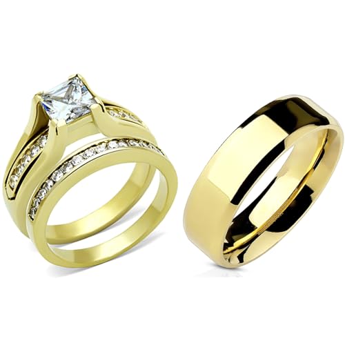 Couples Ring Set Womens 14K Gold Plated Stainless Steel Princess CZ Engagement Ring Mens Gold Plated Flat Wedding Band