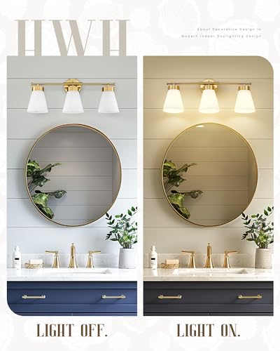 Image of Bathroom Light Fixture, HWH 3-Light Brushed Gold Vanity Lights for Bathroom Modern Vanity Sconce Lighting Over Mirror, Wall Lamp with Frosted White Striped Glass, 5HZG97B-3W BG