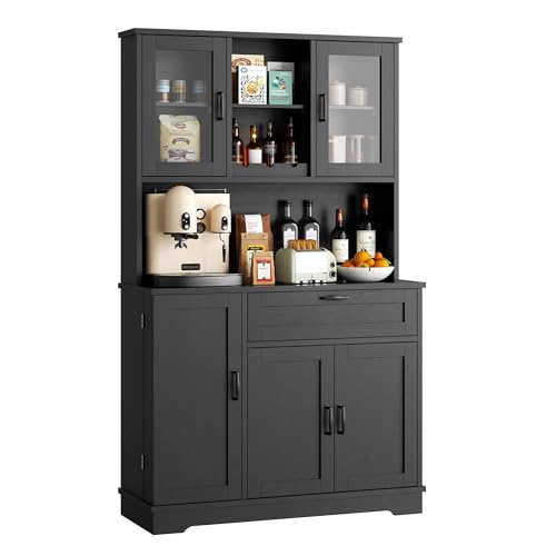 Image of Vongrasig Tall Pantry Cabinet, Kitchen Storage Cabinet with Display Door,Farmhouse Kitchen Hutch with Adjustable Shelves for Dining Room, Black