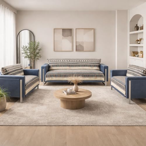 Image of Elegant Woven Grey Sofa Cover - Soft Chenille Traditional Pattern with Lace Style | L-Shape Sectional Seat Protector for Living Room | Durable & Stylish Slipcover 7 Seater Sofa Cover