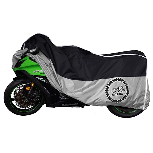 Heavy Duty Motorcycle Cover, Totally Breathable, Reflective Strips, Elastic Bottom, Luggage Strap, Lockable Grom, Durable Sewn Cutouts, Outdoor, Waterproof Cover (Black/Silver, Medium)
