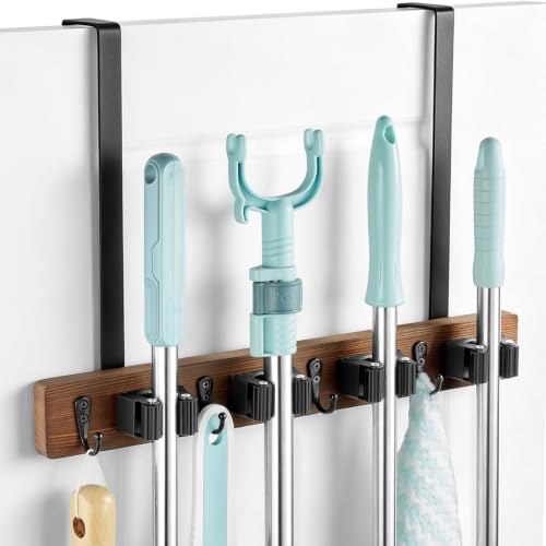 OUTNILI Over the Door Broom and Mop Holder Wood Broom Organizer with 4 Slots and 4 Hooks No Drilling Door Mount Tool Rack for Laundry Room Garage Closet Kitchen Rustic Cleaning Tool Storage