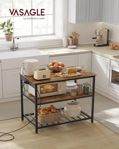 Image of VASAGLE Kitchen Island with 3 Shelves, 39.4 Inches Width Kitchen Shelf with Power Strip, Large Worktop, Stable Steel Structure, Industrial, Easy to Assemble, Rustic Brown and Black UKKI105K01