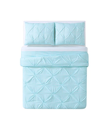 Image of Laura Hart Kids Printed Gingham Pinch Pleat Comforter Set, Twin X-Large, White /Aqua