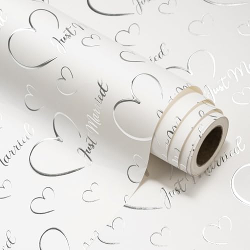 WRAPAHOLIC 3D Kraft Wedding Wrapping Paper Roll - Mini Roll - 17 inch x 16.5 feet - Silver Foil Just Married and Heart Wrapping Paper with Embossed for Wedding, Engagement, Anniversary, Newlywed