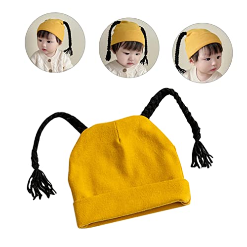 FRCOLOR Winter Knitted Wig Hat for Adorable Warm Newborn Accessory with Braided Design for Boys and Soft and Cozy for Delicate Skin Yellow3