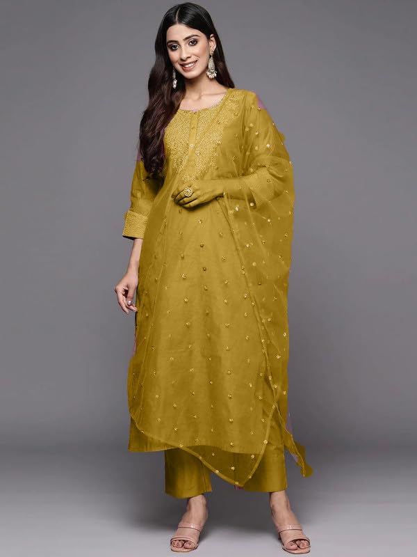 Image of Royal Export Women's Poly Silk Embroidered Yoke Design Kurta Pant Set with Dupatta
