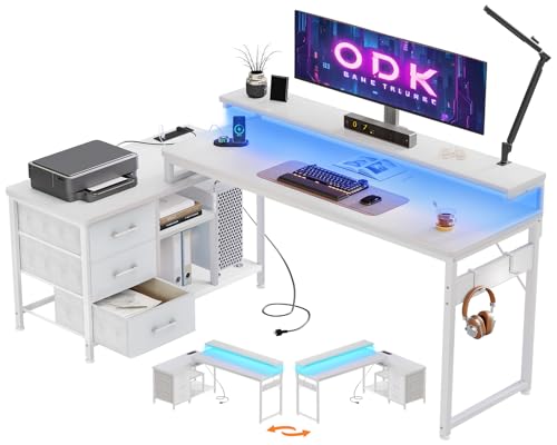 ODK Computer Desk with Drawers, White Corner Desk for Home Office, Reversible L shaped Table with Storage with 2 Sockets & USB Ports, Gaming Table with Monitor Stand for Bedroom, 174x100 cm