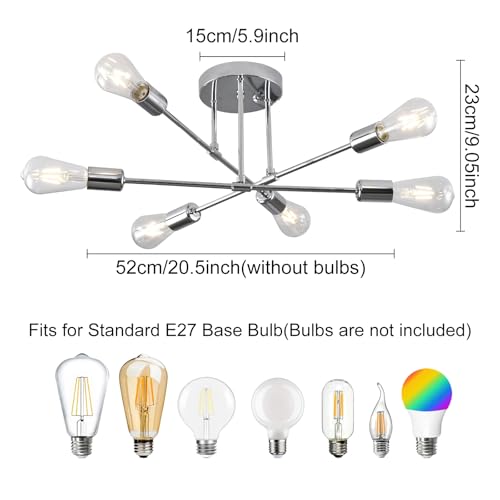 ZYDTRIP Sputnik Chandelier Light Fixture - Adjustable Silver Ceiling Light With E27 Base for Living Room Bedroom, Kitchen, 6 Lights - Image 4