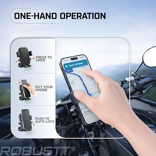 Image of Robustt Mobile Holder for Bike Handlebar | 360 Rotation + Tilt Adjustment Phone Mount with Anti Shake Grip | Stand Fits 4.7 to 6.8 Inch Mobiles | Bike Smartphone Stand for GPS Navigation (Black)