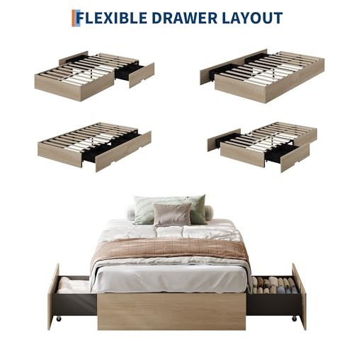 Image of GarveeHome Twin Size Wood Platform Bed Frame with 2 Storage Drawers, Wooden Bed Frame Without Headboard, Wood Slat Support, No Box Spring Needed, Easy Assembly