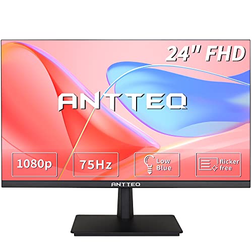 Antteq 24 Inch Monitor Full HD 1080P, FHD 75Hz VA Computer Monitor 178° Viewing Angle 16.7M Colors with HDMI VGA Free Flicker Blue Light Filter, Ultra Slim Bezels LED Monitor for PC Office, Black