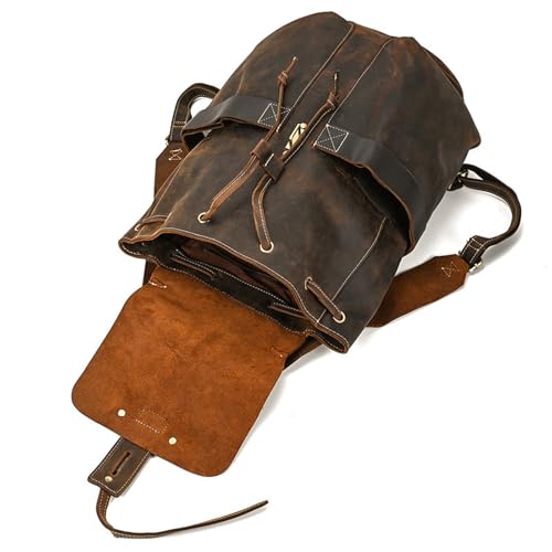 Mens Backpack Men's Leather Backpack Men's Shoulder Bag Flap Backpack for Camping Outdoor Sport,Dark Brown-42x30x16cm4