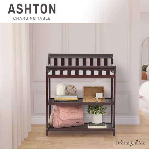 Image of Dream On Me Ashton 2-in-1 Changing Table & Nightstand in Espresso - Solid New Zealand Pinewood, Safety Rails, Spacious Storage Shelves & Water-Resistant Changing Pad, Converts to Nightstand