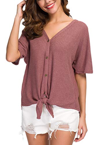 Iwollence Womens Waffle Knit Tunic Blouse Tie Knot Short Sleeve Henley Tops Loose Fitting Bat Wing Shirts Rust Red X-Large #TOP3