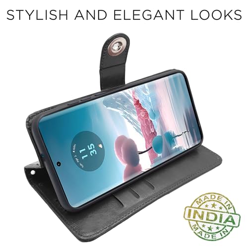 Image of Pikkme Moto Edge 40 Neo 5G Flip Cover Leather Finish | Wallet Stand and Shock Proof | Inside TPU with Card Pockets | Complete Protection Button Flip Case (Black)