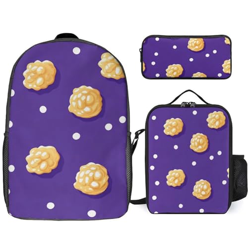 Caramel Popcorn Polka Dot Purple Classic Backpack Lunch Bag Pencil Case 3 Piece Set Travel Daypack