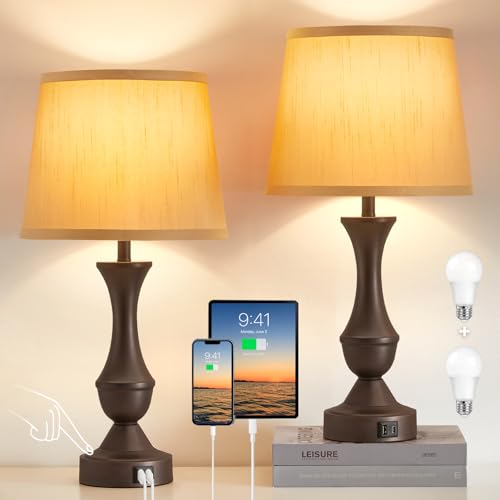 Image of Luvkczc 22 inch Table Lamp Set of 2 - Farmhouse Vintage Brown Bedside Lamp | Brown Fabric Shade, Dimmable, USB C+A Ports, Nightstand Lamp for Living Room Bedroom (Bulb Included)