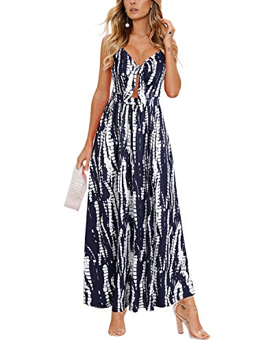 II ININ Women's V Neck Tie Front Spaghetti Strap Maxi Dress Casual Summer Long Dresses with Pockets(Floral 02,Large)