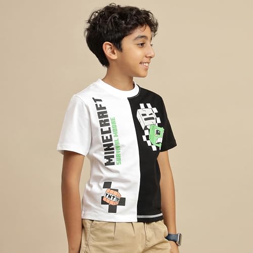 Image of Kidsville Official Minecraft Steve, Alex & Creeper Half Sleeves Round Neck Graphic Printed Regular Fit Pure Breathable Cotton Fabric Tshirt for Boys