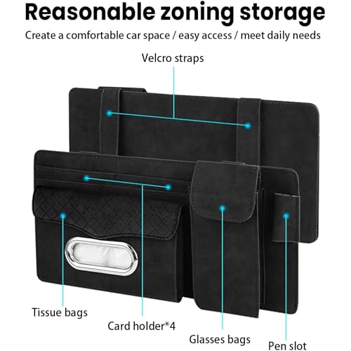 Image of DETACHI Car Sun Visor Organizer with Tissue Paper, Sunglass Pen Card Small Document Storage Pouch & Phone Holder, Leatherette, Multi-Pocket with Zipper Net-(Grey, 18X3X37CM)