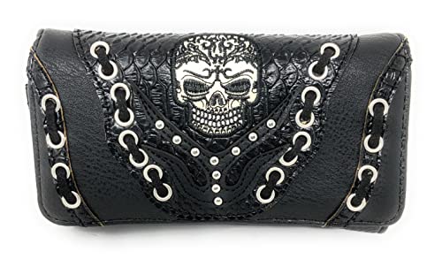 western rhinestone skull concho stitched handbag purse set (black)4
