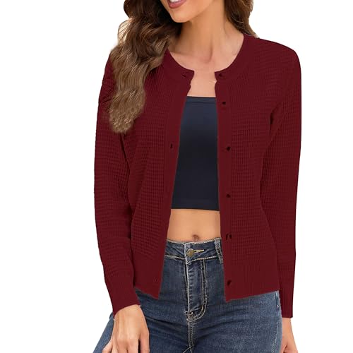 Image of Women's Crew Neck Button Down Long Sleeve Solid Knit Classic Cardigan Sweater Wine Red