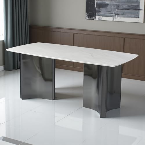 Image of The Attic Modern Marble Dining Table, White Stone Top, Glossy Black Metal Base, 6 Seater Dining Table for Home & Office