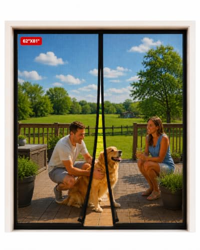 Image of Magnetic Closure Screen Door for 62 inchx81 inch French Door Sliding Door Pet and Dog Friendly, Durable Fiberglass Mesh Double Door Screen Mesh Retractable Curtain, Keep Bugs. Mosquito Out, Fly Screen