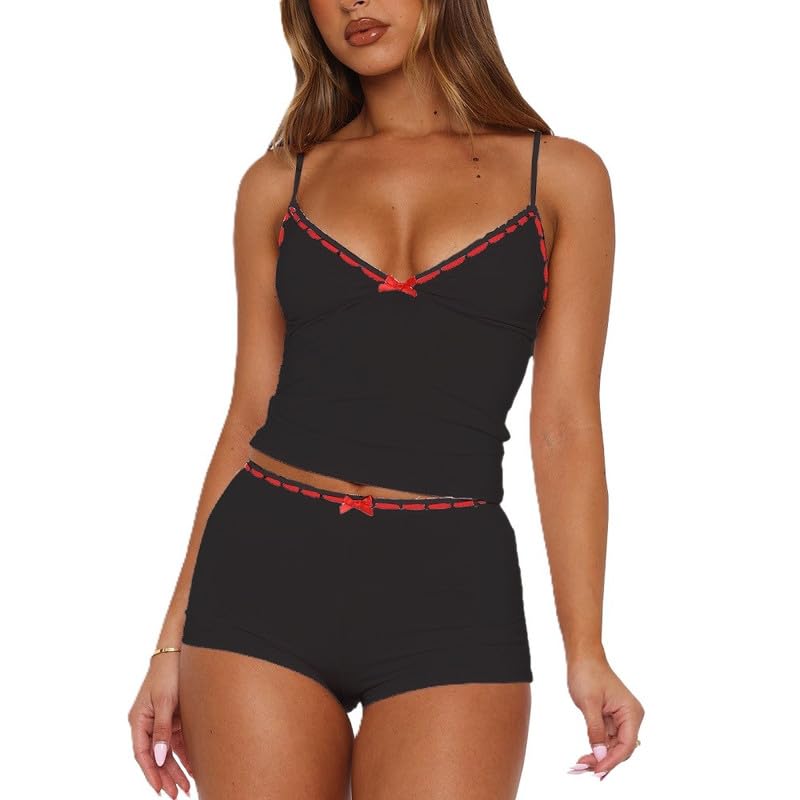 Image of Womens Y2K Cute Print Cami Pajama Sets Lace Trim V Neck Tank Top Shorts Set Bow Heart Print 2 Piece Sleepwear