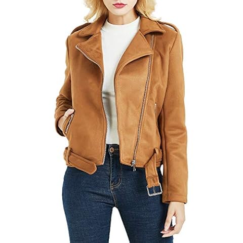 Bellivera Women's Faux Suede Jacket(2 Colors), Moto Jacket with Zipped Pockets, Faux Suede Bike Jack, Brown, M Cover