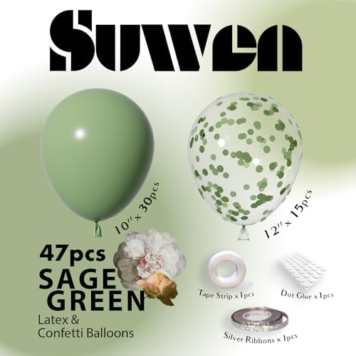 Image of SUWEN Sage Green and Confetti Balloons Set 47PCS Olive Green Latex | Helium Balloon for Birthday Anniversary Party Decorations