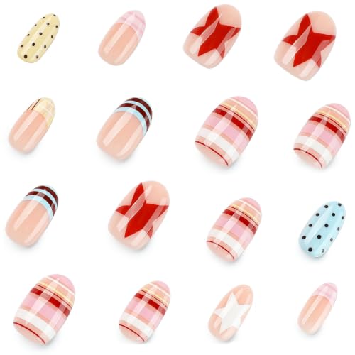 Image of Almond Press on nails Polka Dot Fake Nails Colorful Stripe Nails Press ons | French Tip False Nails with Star Design Glossy Full Cover nails French Tip Stick on Nails for Women Manicure 24Pcs
