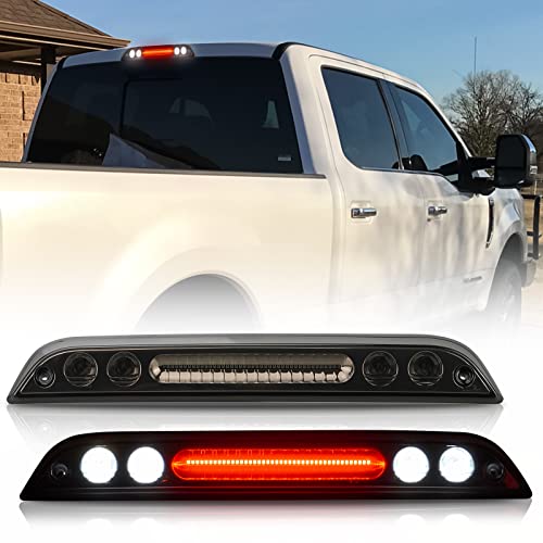 KDM Smoked Lens LED 3rd Brake Light, Fit for 2015-2020 Ford F150 F250 F350 F450,Rear High Mount Third Stop Tail Red + Roof Cargo White Lamp,1Pack