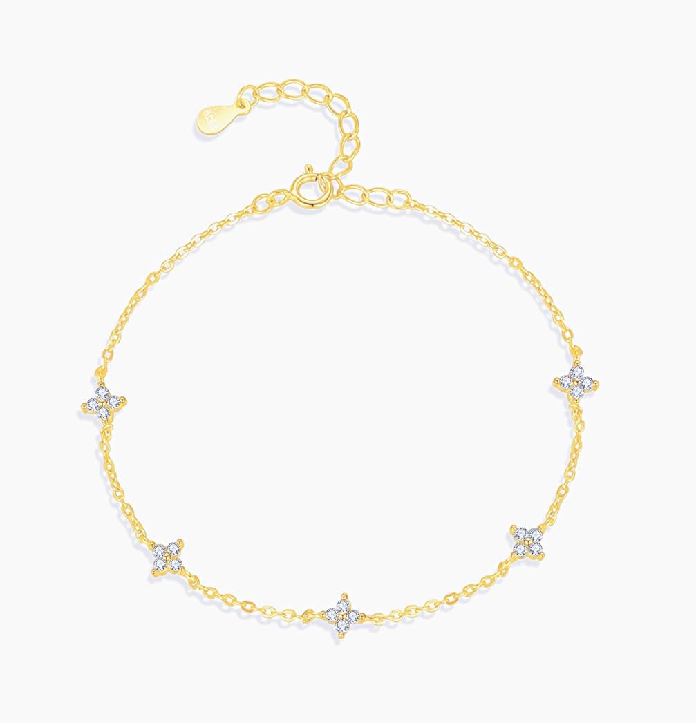 Flower Bracelets for Women, Gold Bracelets Cubic Zirconia Simulated Diamond Station Beaded Tennis Chain Bracelet - Image 5