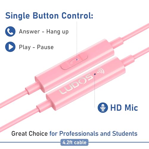 Image of LUDOS FEROX Wired Earbuds in-Ear Headphones, 5 Year Warranty, Earphones with Microphone, Noise Isolation Corded for 3.5mm Jack Ear Buds for iPhone, Samsung, Laptop, Kids, School Students - Pink