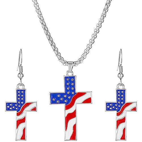 suofrun 4th of July American Flag Cross Pendant Necklace Earrings Jewelry Set for Women Red Blue White Star Striped Independence Day Patriotic US Flag Cross Dangling Earrings Necklace Jewelry Silver