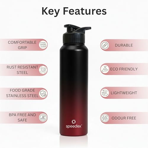 Image of Speedex Stainless Steel Metal Water Bottle 1 Ltr 1000 ml, BIS Approved, Leak Proof Sipper Cap Bottle for Office, School, Gym, Travel, Daily Use for Men, Women, Kids, Adults, Black Wine, Set of 4
